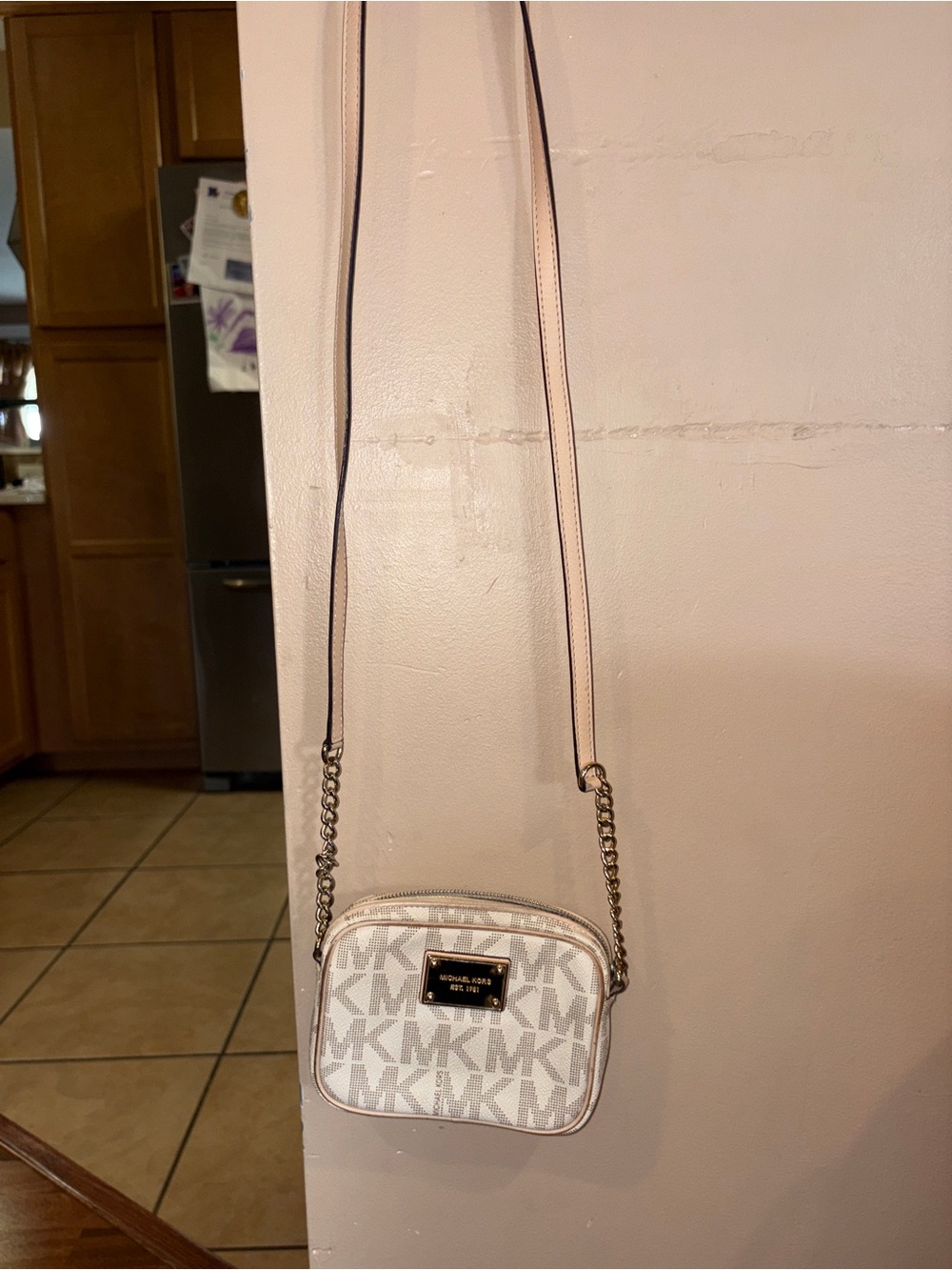 Michael Kors Beige and White MK Logo Crossbody Bag